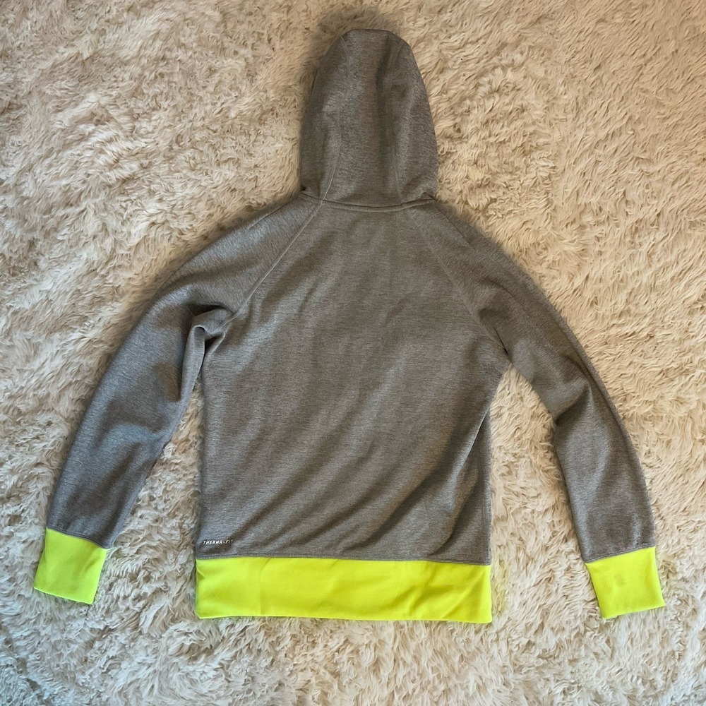 Nike Therma-Fit Hoodie Women Medium Gray Volt Neon Yellow Pullover Swoosh Thumbs - Picture 2 of 10